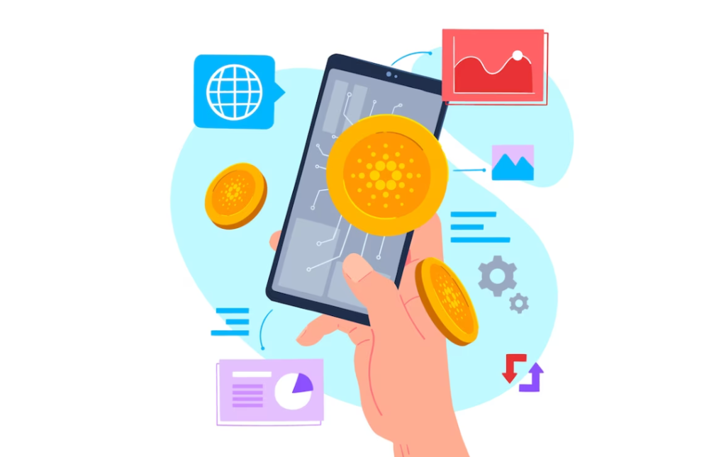 Hand holding a smartphone displaying cryptocurrency with analytics icons on a light background