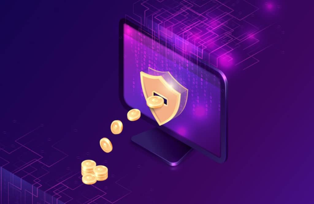 Coins falling from a digital wallet into a shield on a purple, digital background