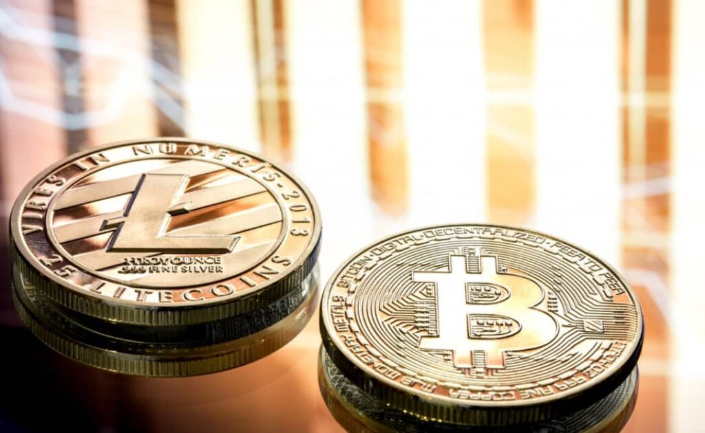 Golden and silver coins representing Litecoin and Bitcoin with a reflective surface