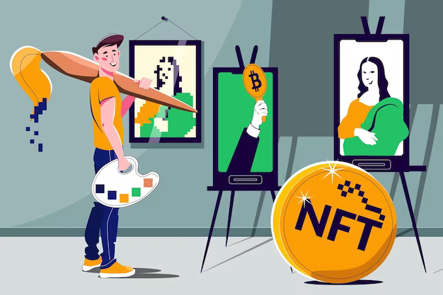 Animated man painting a picture next to an NFT coin