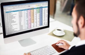 Person at a desk analyzing a detailed spreadsheet on a computer