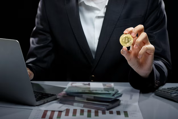 Woman holding a bitcoin cryptocurrency coin in her hand