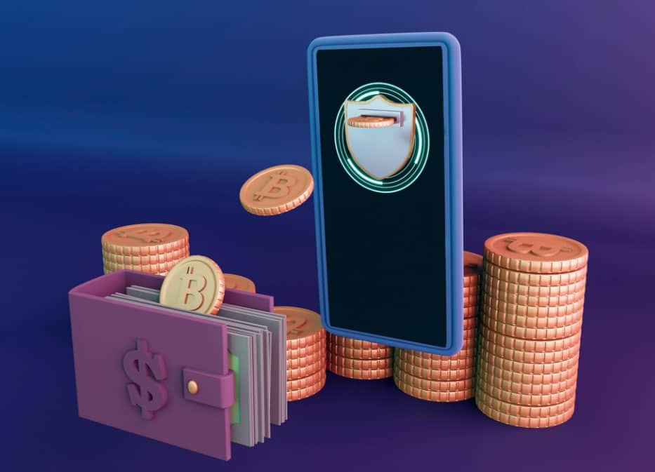 A cartoon of a phone, wallet, and coins stacked on a purple backdrop