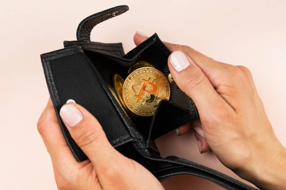 A hand holding an empty wallet with a Bitcoin coin inside